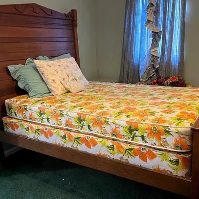 Carved Wooden Bed Frame with Floral Mattress & Box Springs