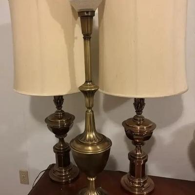 Pair of Brass Urn Table Lamps & Rembrandt-Style Torchiere Lamp