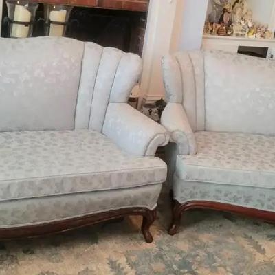 Pair of Light Blue Upholstered Sofas with Carved Wood Trim