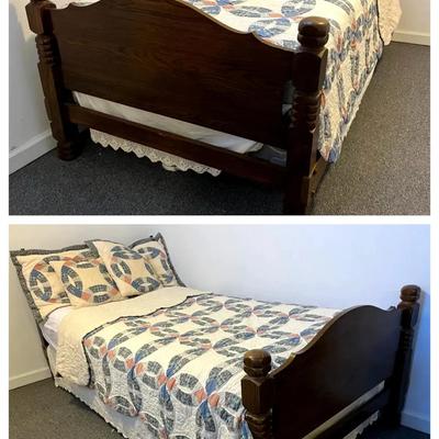 Two Twin Low Poster Bed Frames with Box Springs, Mattresses & Bedding