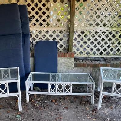 White Rattan Outdoor Coffee Table & End Tables with Blue Cushions