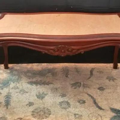 Ornate Wood Coffee Table with Marble-Style Inset Top
