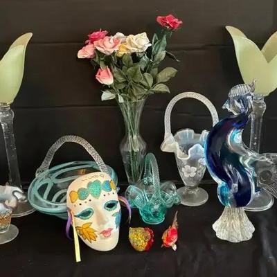 Hand-Blown Art Glass Collection Featuring 12.5" Rooster & Fenton Hand-Painted Baskets