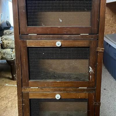 Vintage Wooden Cabinet with Wire Mesh Doors & Porcelain Knobs