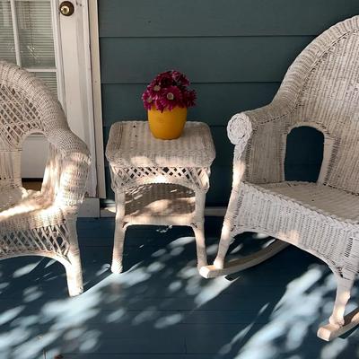 White Wicker Rocking Chair, Armchair & Side Table Set