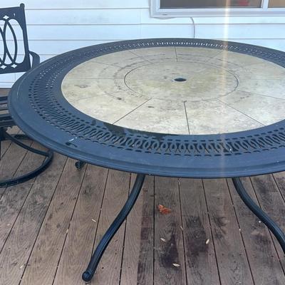 60" Round Metal Patio Table with Tile Inlay & Swivel Chair