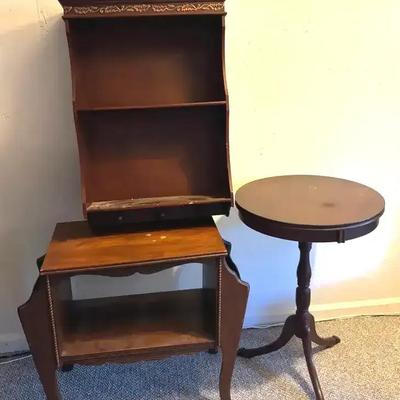 Vintage Wood Furniture Trio – Round Table, Wall Cabinet & Magazine Rack Table