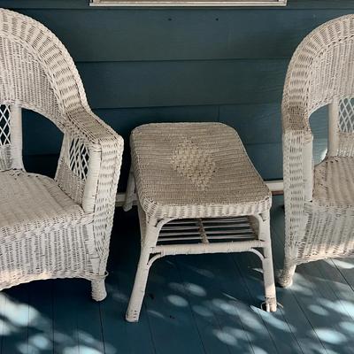 Pair of White Wicker Chairs with Matching Table