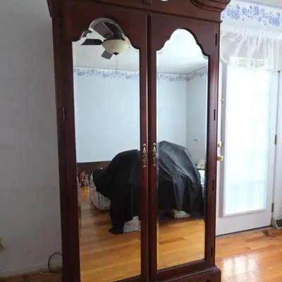 Cherrywood Mirrored Two-Door Armoire / TV Cabinet with Adjustable Shelves & Pullout Drawer