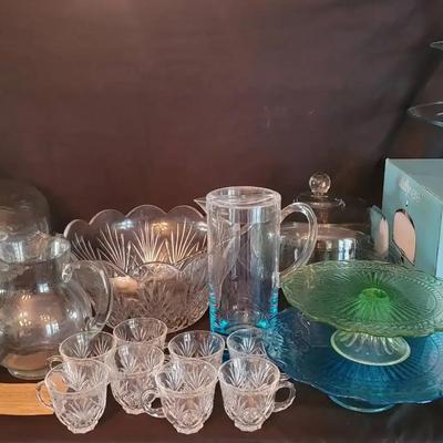 Classic Glass Serveware Collection Featuring Essex Punch Bowl Set & Vintage Depression Glass Cake St