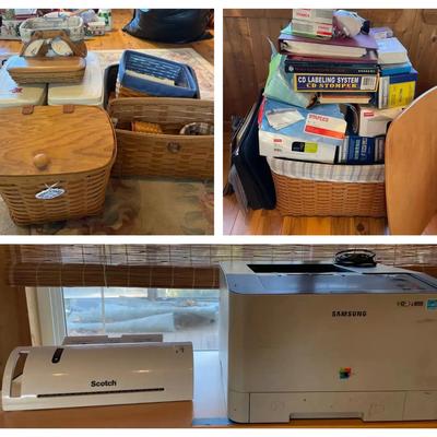 Longaberger Baskets with Office Supplies, Laminator, Samsung Printer & Filing Cabinet