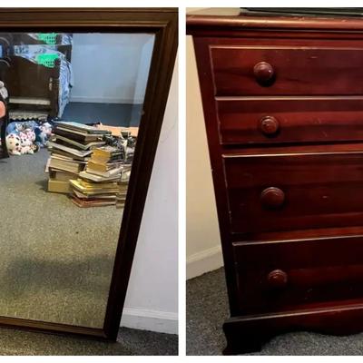 Solid Wood Mahogany-Finish Dresser with Three Drawers & Antique Beveled Mirror