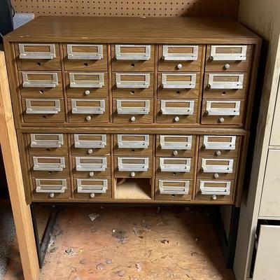 Wooden Library Card Catalog Cabinet on Metal Stand