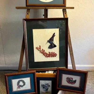 Framed Hand-Embroidered Bird & Floral Art with Longaberger Basket Collection 