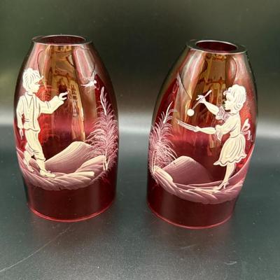 Set (2) Vintage Mary Gregory-Style Cranberry Glass Fairy Lamp Shades
Lot #: 89