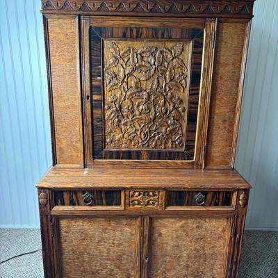 Antique Carved Wood Cabinet With Floral Relief Panel