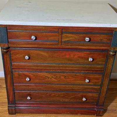 Cherry Stained Marble Top Dresser With Blue Accent 