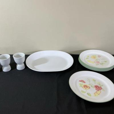 Vintage Corelle “Spring Blossom” Oval Plates & White Egg Cups 