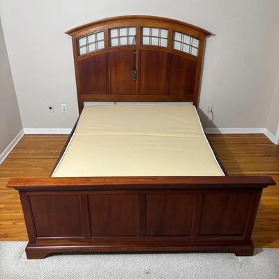 Queen Cherry Wood Bed Frame with Recliner Bed Frame With Window-Panel Headboard