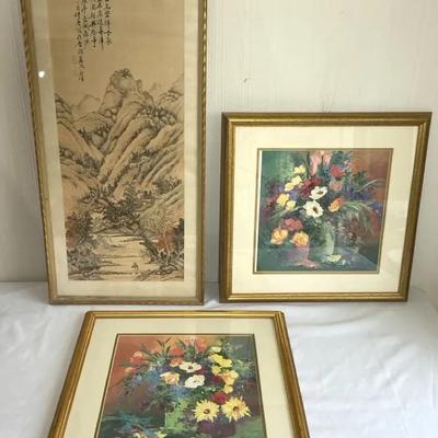 Trio of Framed Wall Art – Asian Landscape Scroll Print & Floral Prints