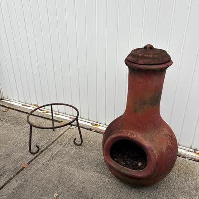 Rustic Clay Chiminea with Metal Stand