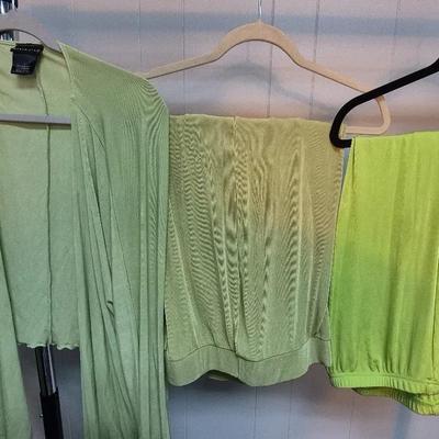 Lime Green Cardigan & Pants By Citiknit, Dark Lime Green Pants By Slinky, Sizes Large 