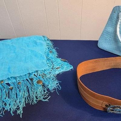 Vintage Turquoise Fringe Rebozo/ Shawl, Light Crocodile Enbossed Leather Handbag, Leather Belt 