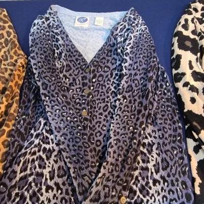 (3) Women Leopard Print Cardigans, Size PM-M (St John Bay, Duane Gilman, Kris Jenner)
