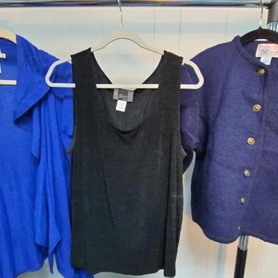 Long Blue Sweater, Sleeveless Black Shirt & Dark Blue Jacket By  Hollyeood. Slinky & Eally-Gp