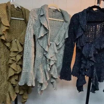 (3) Vintage Cardigan Sweaters With Ruffled Front & Metallic Thread By Nikkialo 