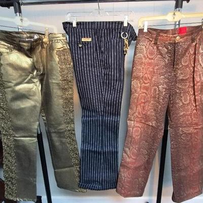 Gold Pants W/Ornate Lace Panels On Sides, Wanash Stripe Pants. Brown/Gold Glitter Pants, 