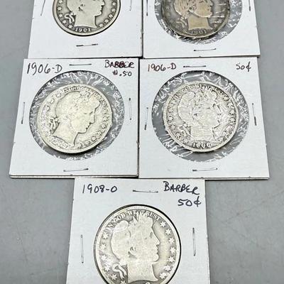 Five Barber Half Dollars 