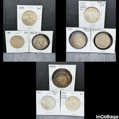  Nine Franklin Half Dollars 