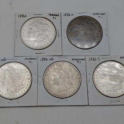 1882 - P, O, O/O, O/S, & S Morgan Dollars