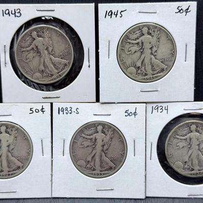 Five Walking Liberty Half Dollars 