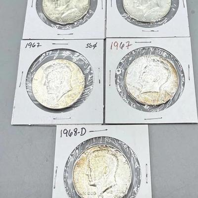 Five Silver Kennedy Half Dollars Including 1964D/D
