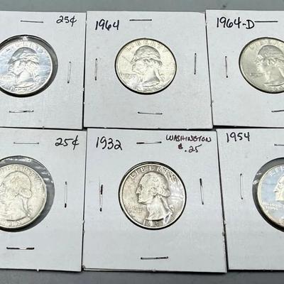 Six Silver Washington Quarters 