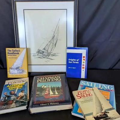 Framed Nautical Sailboat Print with Sailing Book Collection