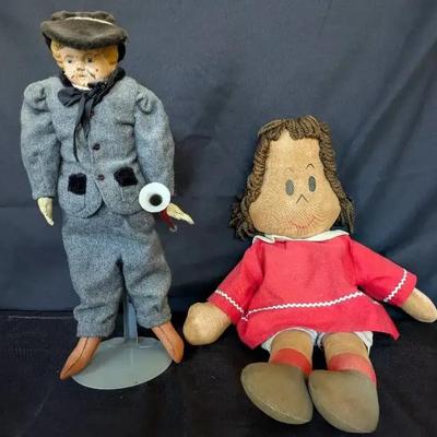 Antique Minerva Tin Head Doll with Original Hunt Horn (ca. 1901) & 1940s LuLu Cloth Doll