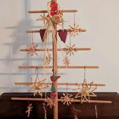 Swedish Wooden Christmas Tree with Straw & Wood Ornaments