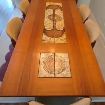 Danish Teak Dining Table with Tile Inlay & Six Cushioned Chairs