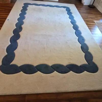 Creative Carpets Beige Wool Blend Area Rug with Blue Border, 9' x 12'