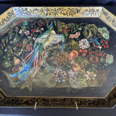 Hand-Painted Metal Tole Tray Signed “Boue,” Dated 1917 – Decorative Folk Art