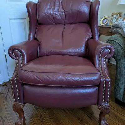 Bradington-Young Burgundy Leather Recliner with Ball & Claw Feet
