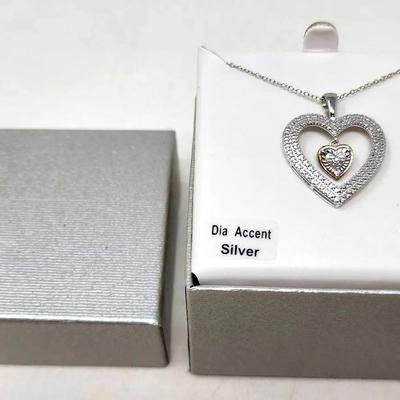 Sterling Silver 925 SK9 Diamond Accented Dangle Heart Pendant Necklace
