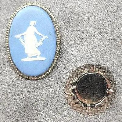 Vintage Wedgewood Jasperware Cameo Sterling Brooch And Sterling Lamuse Brooch