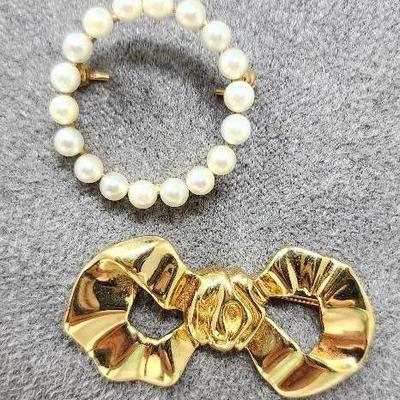 14K Yellow Gold Pearl Brooch And Sterling/Gold Plated Bow Brooch