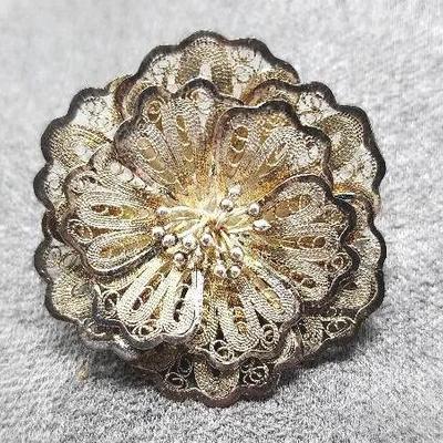 Antique Filigree Floral Design Sterling Silver 925 Brooch