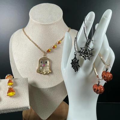 Halloween Jewelry Lot – Ghost Necklace + Pumpkin & Spiderweb Earrings