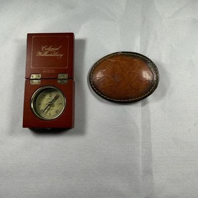 Colonial Williamsburg Wood Compass & Leather Eagle Belt Buckle – Lot of 2

